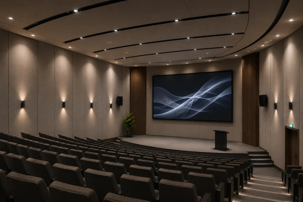 A modern, empty auditorium with tiered seating, beige walls, soft lighting, a large screen displaying abstract waves, a small podium on stage, and a potted plant near the screen.
