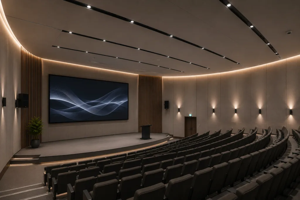 Modern auditorium with curved rows of empty seats facing a large screen displaying abstract waves, a podium on stage, soft wall lighting, and minimalist decor.