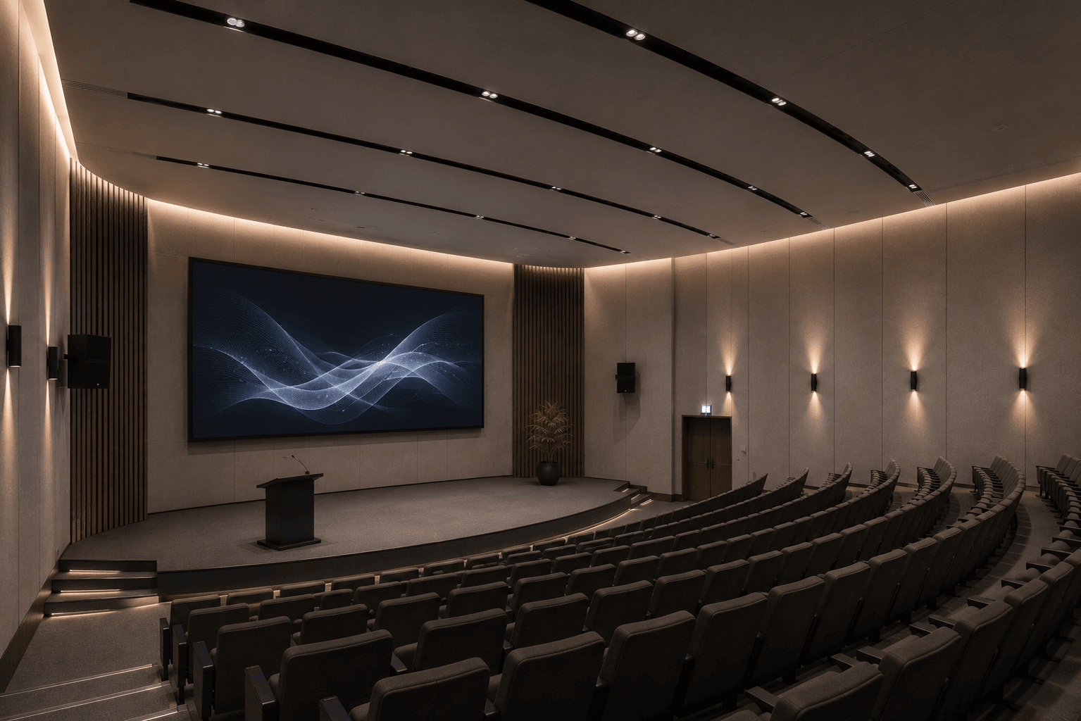 A modern, empty auditorium with curved rows of cushioned seats, a large screen displaying abstract waves, a podium on stage, soft wall lighting, and minimalist decor including a potted plant by the door.
