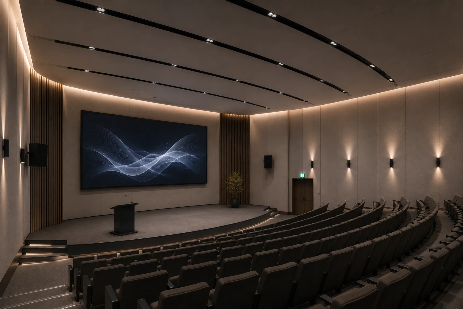 A modern, empty auditorium with curved rows of cushioned seats, a large screen displaying abstract waves, a podium on stage, soft wall lighting, and minimalist decor including a potted plant by the door.