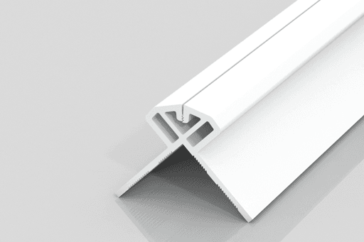 A white, triangular plastic trim piece with a grooved base and angled sides, designed for use as an edge or corner protector, is shown on a reflective surface.