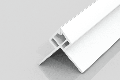 A white, L-shaped plastic or metal trim piece with a hollow, ribbed interior, shown lying on a reflective gray surface. The trim has a smooth surface and appears designed for construction or finishing edges.