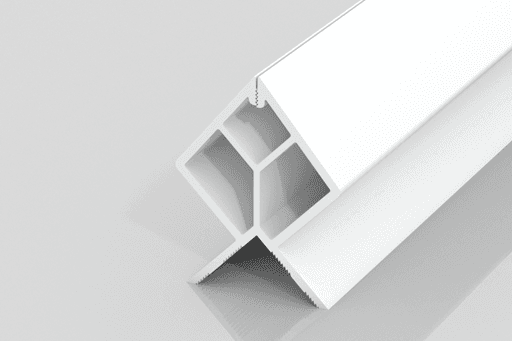 A white, angled extruded plastic or metal profile with hollow rectangular and triangular sections, shown on a reflective surface with a light gray background.