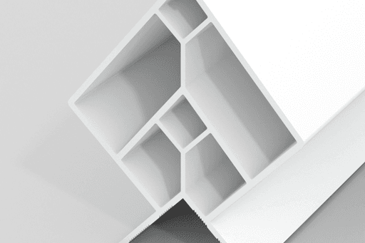 Close-up view of a white, angled plastic or metal extrusion profile with a series of internal rectangular and triangular chambers, designed for structural or framing applications, displayed on a neutral background.