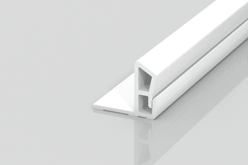 A white, L-shaped plastic or metal trim piece with a triangular hollow section, shown against a light gray reflective surface.