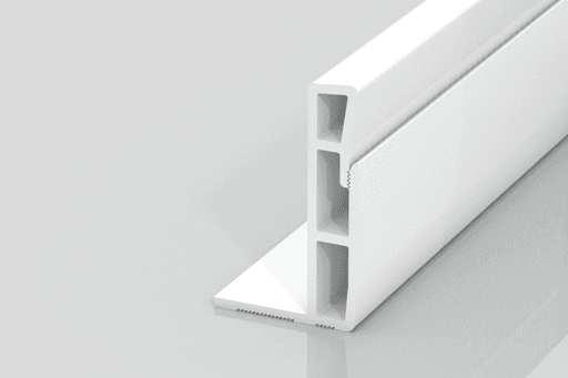 A white, L-shaped plastic or metal extrusion with three rectangular hollow sections stands upright on a flat, reflective surface, with a thin horizontal base extending to the right.