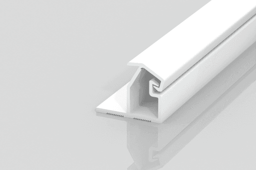 A white, T-shaped plastic or metal extrusion piece with grooves and a smooth surface, placed on a light gray reflective background.
