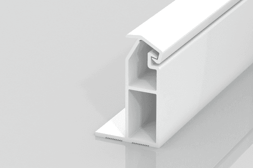 A white, L-shaped plastic or metal extrusion with a hollow rectangular base and a curved top section, set against a smooth, light gray background with a reflective surface.