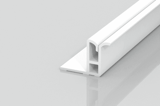 A white, T-shaped plastic or metal profile strip with two hollow rectangular sections and one textured flat base, photographed on a light gray background with a subtle reflection.