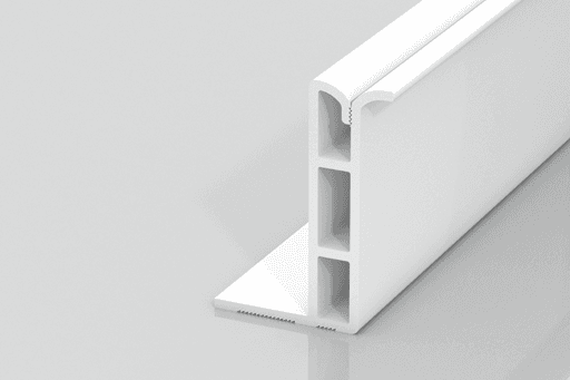 A white plastic profile with a flat base and three rectangular hollow sections supporting a rounded top, shown on a light reflective surface.