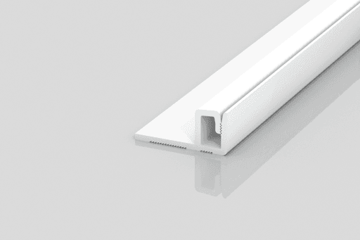 A white, L-shaped plastic trim piece with a grooved edge, shown on a light grey background. The trim has a flat base and a vertical channel, designed for mounting or joining surfaces.