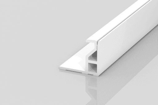 A white T-shaped plastic trim piece with a flat base, two rectangular hollow sections, and a vertical top edge, shown on a light grey reflective surface.