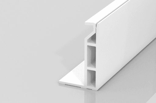 A white, L-shaped extruded plastic profile with two rectangular hollow sections and a flat base, displayed on a reflective, light gray surface.