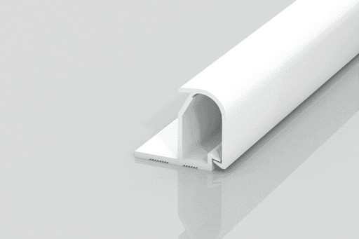 A white, U-shaped plastic or metal profile with a flat base, designed for edge protection or joining surfaces, is shown on a light gray background.