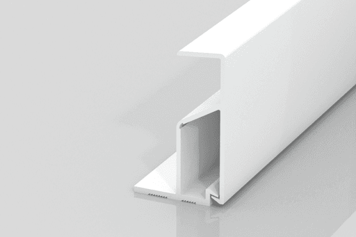 A white, L-shaped plastic or metal profile piece with a notch, shown on a reflective gray surface. The profile appears to be a trim or molding component used in construction or carpentry.